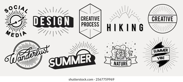 Collection of vintage-style logos featuring keywords like design, creative, hiking, nature, summer, and wanderlust. Perfect for social media and creative projects. Logo element vector set.