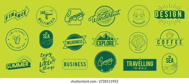 Sammlung von Logos im Vintage-Stil mit Themen wie Camping, Reisen, Meer, Business und Design. Betont Camping-, Reise- und Designmotive. Vektorsatz für Logo-Elemente.