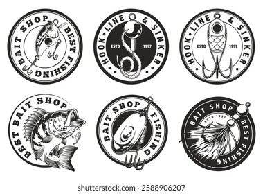 A collection of vintage-style logos showcasing a bait shop theme. Each logo features fishing gear and emphasizes quality and customer satisfaction in the fishing community.