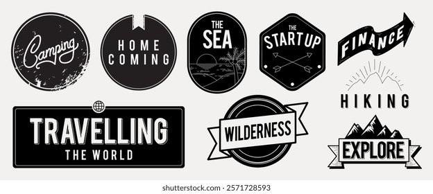 Collection of vintage-style logos with themes like camping, travel, and design. Includes finance, multimedia, coffee, and summer motifs. Retro and classic design. Logo element vector set.