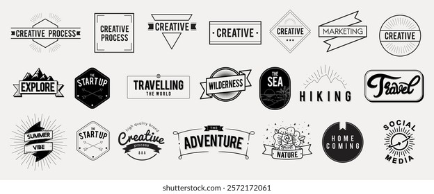 Collection of vintage-style logos. Themes: travel, camping, marketing, business, design. Logos feature words like 'explore', 'wanderlust', 'wilderness'. Logo element vector set.