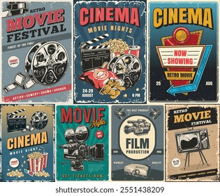 A collection of vintage-style posters promoting a retro movie festival. These posters highlight various film nights genres and event details for movie lovers to enjoy.