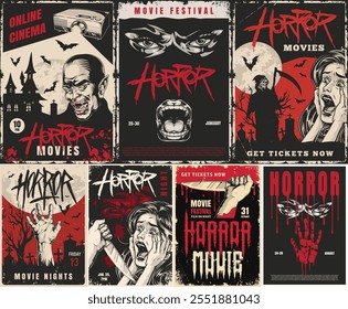 A collection of vintage-style promotional posters for a horror movie festival. The designs showcase frightening imagery and bold typography to attract enthusiasts.