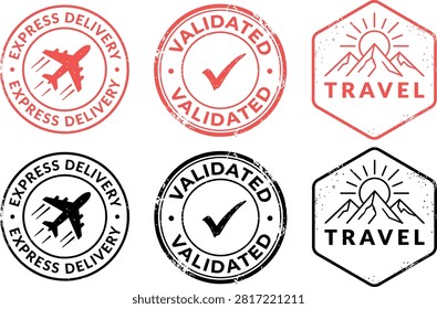 A collection of vintage-style rubber stamps featuring travel, delivery, and validation themes in red and black ink textures.