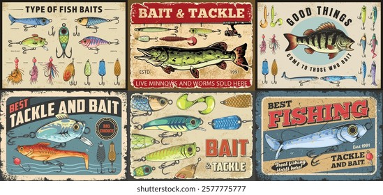 A collection of vintage-style signs showcasing various fish types bait options and fishing gear. The signs highlight fishing themes and encourage outdoor activities.