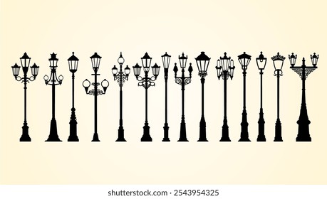 A collection of vintage-style street lamp silhouettes in various ornate designs.