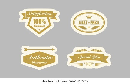 Una colección de insignias de Vector de estilo vintage con texto como Garantizado, Auténtica y otros, ideal para su uso en productos comerciales.