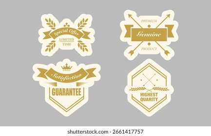 Una colección de insignias de Vector de estilo vintage con texto como Garantizado, Auténtica y otros, ideal para su uso en productos comerciales.