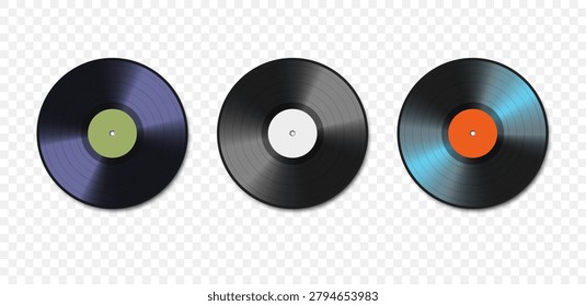 Collection of vinyl records isolated on a light background. Old music CDs. Vector 3D illustration.