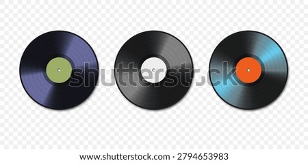 Collection of vinyl records isolated on a light background. Old music CDs. Vector 3D illustration.