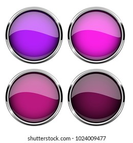 Collection of violet glass buttons with chrome frame. Vector 3d illustration isolated on white background