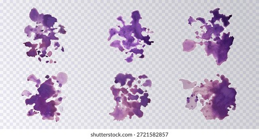 Coleção de respingos de tinta violeta isolados sobre fundo transparente. Conjunto de desenhos decorativos violeta splashes.Art decorations.Paint spots.Watercolor splashes.Design elements.Vetor illation.