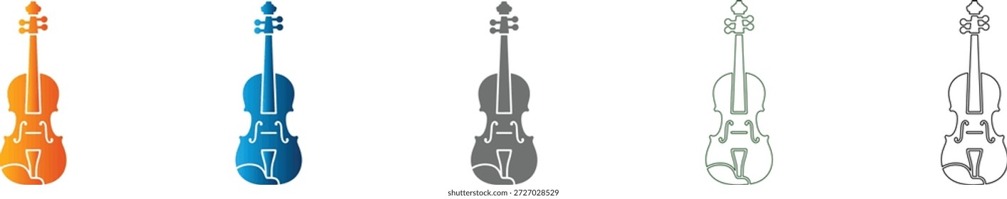 Una colección de iconos de violín en un estilo consistente de conjunto de iconos planos. Negro sólido, gráfico de Vector aislado sobre fondo blanco, perfecto para temas musicales.