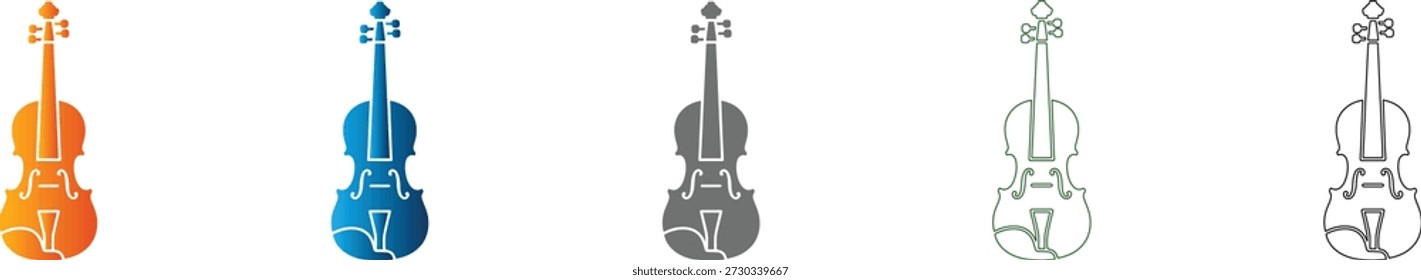 Uma coleção de ícones de violino em um design plano consistente, isolado em um fundo branco. Este conjunto de ícones profissionais apresenta gráficos vetoriais em preto sólido para diversas aplicações.