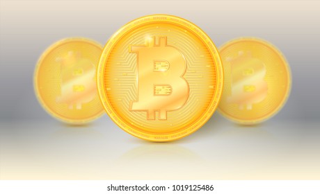 The collection of virtual currency Bitcoin with sun glare and reflections. Icon, golden money of bitcoin with blur and soft focus. Symbol of technology. Digital currency, crypto currency.