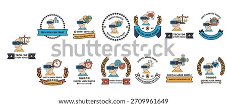 A collection of virtual reality badges. Some of them are for the Oculus Rift, while others are for other VR systems