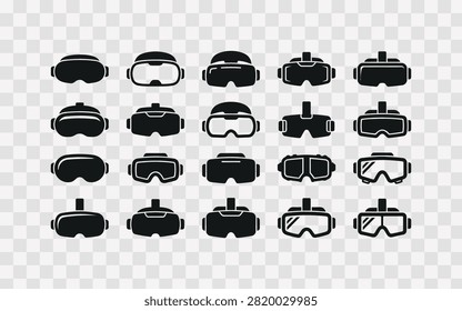 Collection of virtual reality headset icons, various vr and ar glasses designs for gaming, simulation, and immersive technology concepts