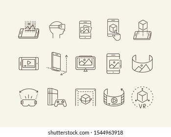 Collection of virtual reality line icons. Game console, VR cube, pictures in phone. Virtual reality concept. Vector illustration can be used for topics like VR, modern technologies, inventions