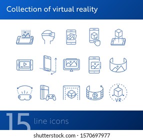Collection of virtual reality line icons. Game console, VR cube, pictures in phone. Virtual reality concept. Vector illustration can be used for topics like VR, modern technologies, inventions