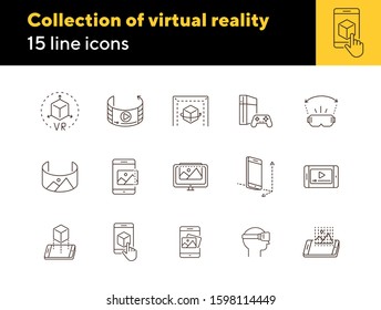 Collection of virtual reality line icons. Game console, VR cube, pictures in phone. Virtual reality concept. Vector illustration can be used for topics like VR, modern technologies, inventions