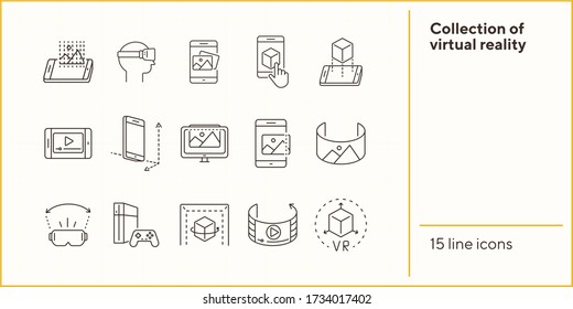 Collection of virtual reality line icons. Game console, VR cube, pictures in phone. Virtual reality concept. Vector illustration can be used for topics like VR, modern technologies, inventions