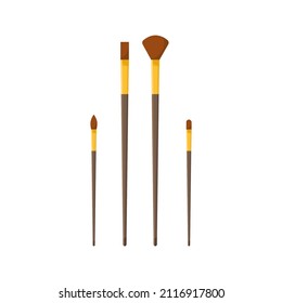 Collection visage brushes different shape for applying cosmetics products vector flat illustration. Set professional makeup artist accessory for painting eyes, lips, eyebrows, eyeshadows beauty tools