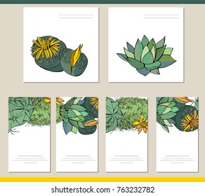 Colección de tarjetas de visita, tarjetas de felicitación cuadradas y banners con plantas domésticas. Flores típicamente cultivadas en interiores