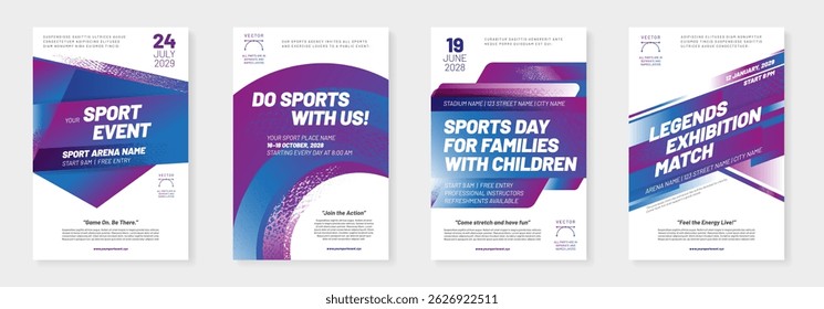 Collection of visually striking event posters featuring dynamic layouts, vibrant colors, and engaging typography, perfect for promoting various sporting events and activities. Vector illustration.