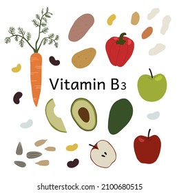 Collection of vitamin B3 sources. Food containing niacin. Dietetic nutrition, organic natural products. Flat vector cartoon illustration.