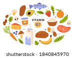 Collection of vitamin B7 source. Food containing biotin. Fish and meat, dairy products, fruits and vegetables. Dietetic organic nutrition. Flat vector cartoon illustration isolated on white background