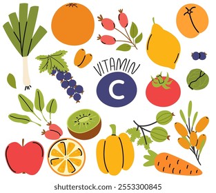 Collection of vitamin C food sources. Dietetic products. Organic nutrition, dairy products, fruits, vegetables, kiwi, rose hip, black currant, tomato