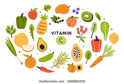 Collection of vitamin C sources. Fruits and vegetables enriched with ascorbic acid. Dietetic food, organic nutrition composition. Flat vector cartoon illustration isolated on white background