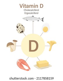 Collection of vitamin D sources. Cholecalciferol fortified food. Dairy products, fish, mushrooms and eggs. Vitamin for the human body. Flat vector design, cartoon, isolated on white background