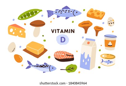 Collection of vitamin D sources. Food enriched with cholecalciferol. Dairy products, fish, mushrooms and eggs. Dietetic organic nutrition. Flat vector cartoon illustration isolated on white