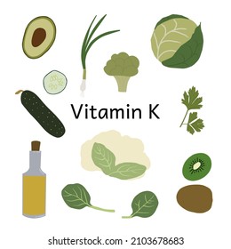 Collection of vitamin K sources. Dietetic products, natural organic nutrition. Flat vector cartoon illustration.