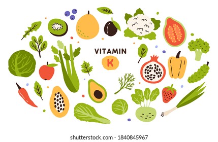 Recolección de fuentes de vitamina K. Frutas, verduras y bayas. Productos dietéticos, nutrición orgánica natural. Ilustración de dibujos animados vectoriales planos aislados en fondo blanco