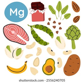 Collection of vitamin magnesium food sources. Healthy diet products. Salmon, pea, nuts, potato, almond. Organic nutrition
