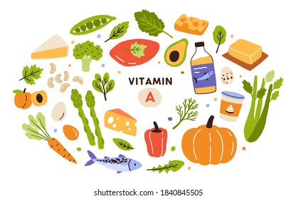 Recolección de fuentes de vitamina A. Alimentos saludables que contienen caroteno. Productos lácteos, verduras, verduras, frutas, pescado. Productos orgánicos dietéticos, nutrición natural. Ilustración de dibujos animados de vector plano