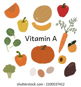 Collection of vitamin A sources. Healthy food containing carotene. Dietetic organic products, natural nutrition. Flat vector cartoon illustration.