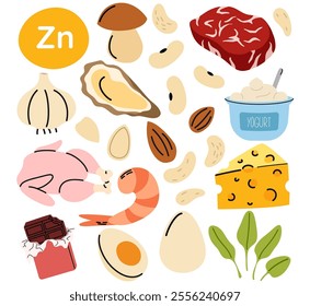 Collection of vitamin zinc food sources. Healthy diet products. Meat, shrimp, nuts, cheese, eggs. Organic nutrition
