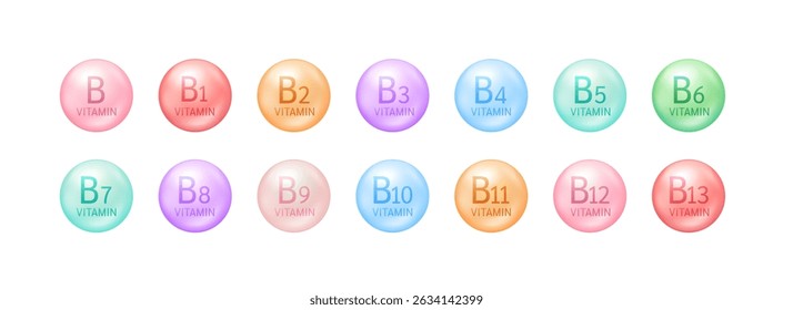 Collection vitamins B complex ball isolated on white background. For dietary supplement pharmacy ads package design. Science medic concept. 3D vector.