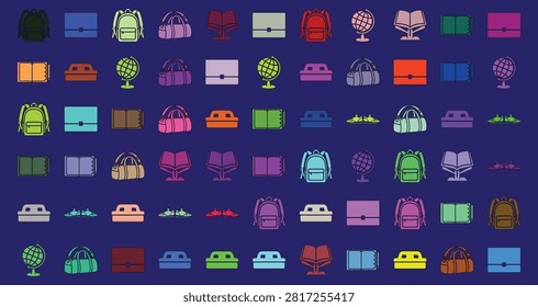 A collection of vivid backpack icons in different colors and shapes perfect for travel, adventure, outdoor activities, and camping visual projects