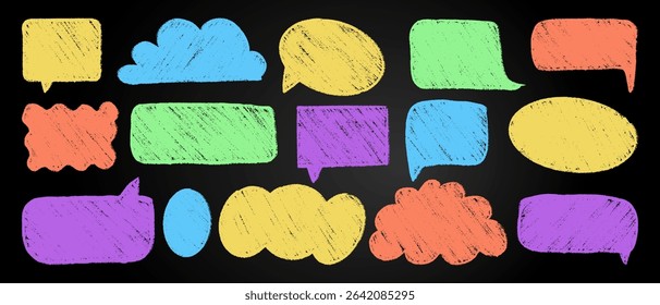 A collection of vivid hand-drawn chalk text boxes, speech bubbles, and balloons on a blackboard. Various children's-style design elements for notice and memo.