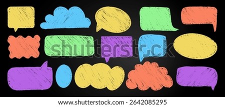 A collection of vivid hand-drawn chalk text boxes, speech bubbles, and balloons on a blackboard. Various children's-style design elements for notice and memo.