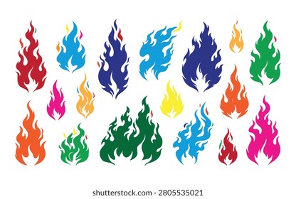 A collection of vividly colored flame illustrations against a white background, notable for their distinctive silhouette style and vibrant hues.