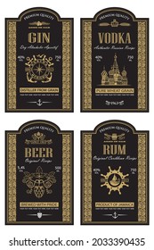 collection of vodka, gin, beer and rum labels isolated on white background