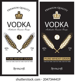 collection of vodka labels with ears of wheat in retro style isolated on white and black background
