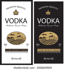 colección de etiquetas de vodka con campo y orejas de trigo en estilo retro