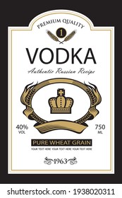 collection of vodka labels with royal crown and ears of wheat in retro style