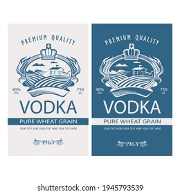 collection of vodka labels with royal crown, field and ears of wheat in retro style